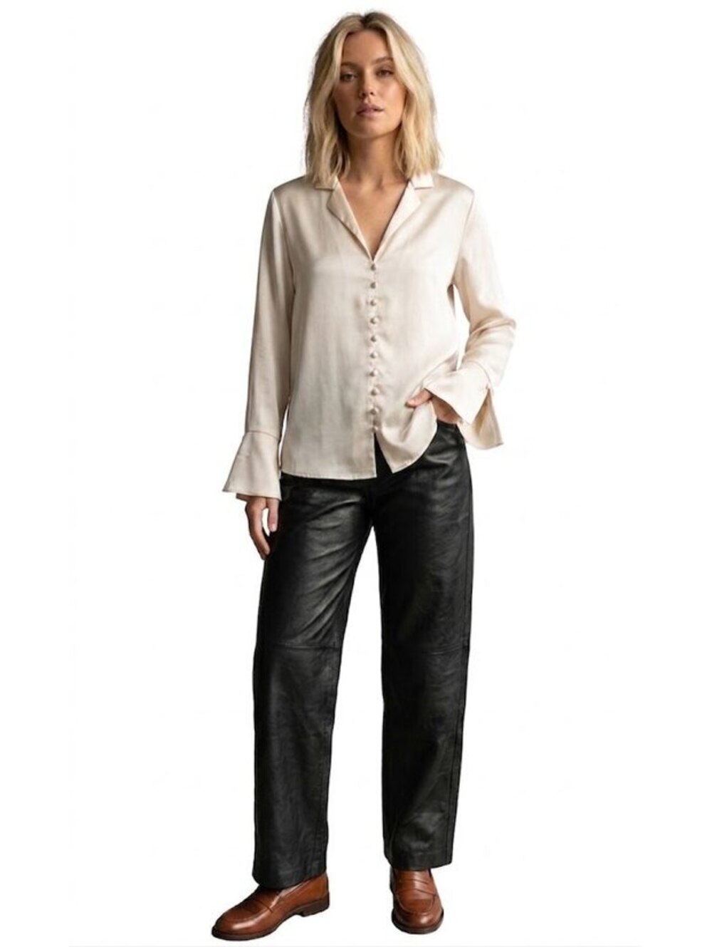 Joie Champagne Satin Long Sleeve Button-Up Blouse - Size L